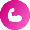 A white icon of an arm with strong muscles, placed within a magenta gradient circle.